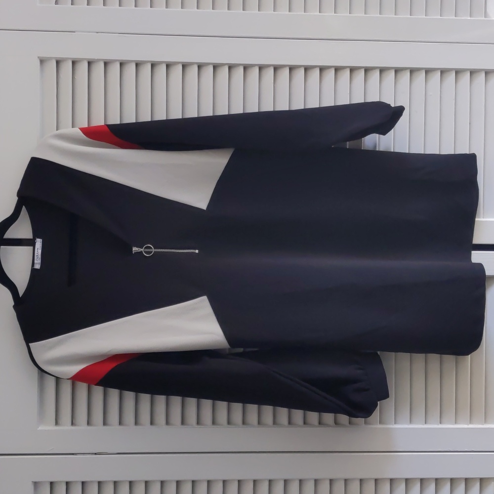 Zara mod color block zipper v neck balloon sleeves size small minidress …